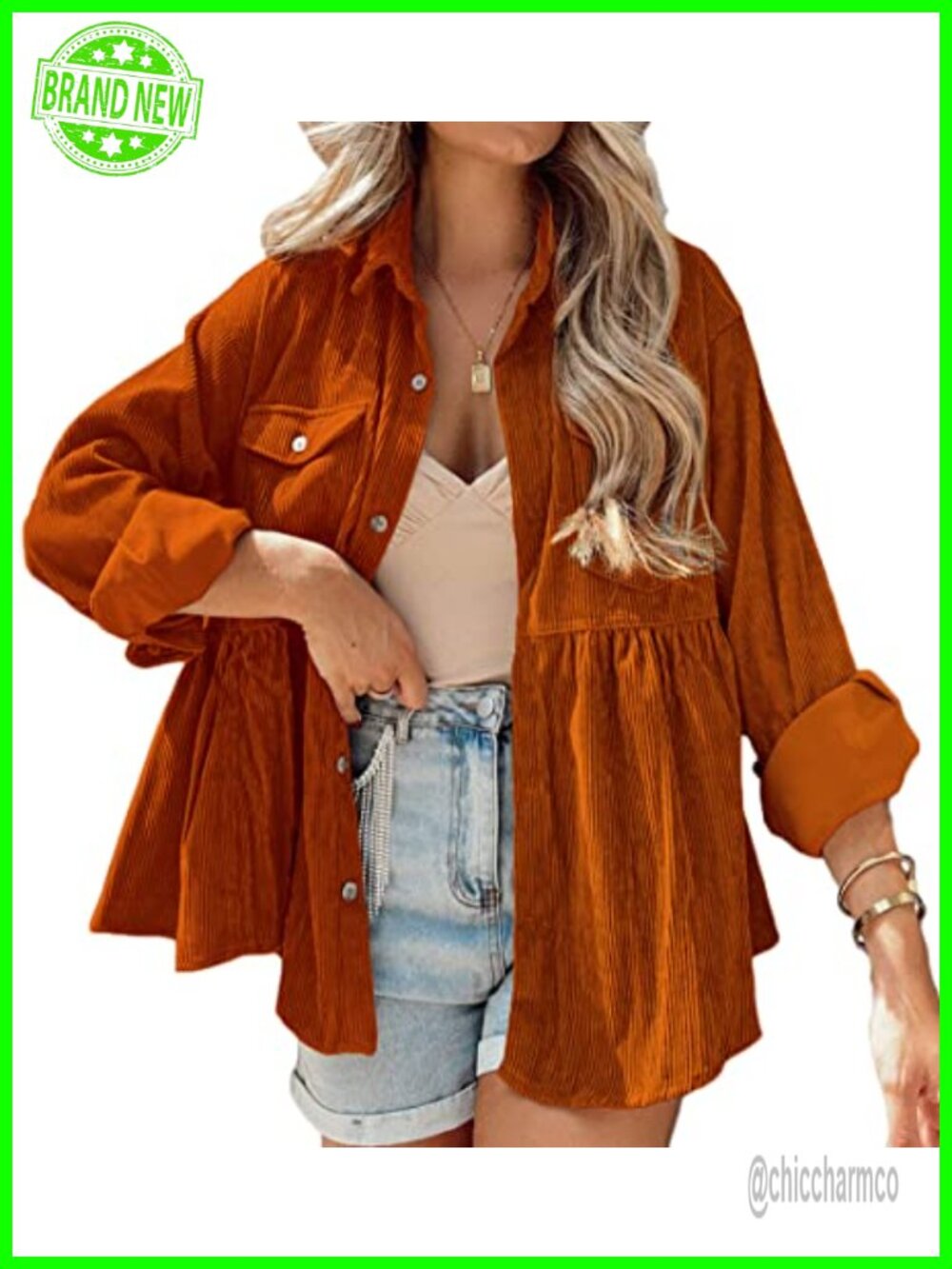 Womens Corduroy Peplum Shirt Long Sleeve Button Down Blouse with Pockets